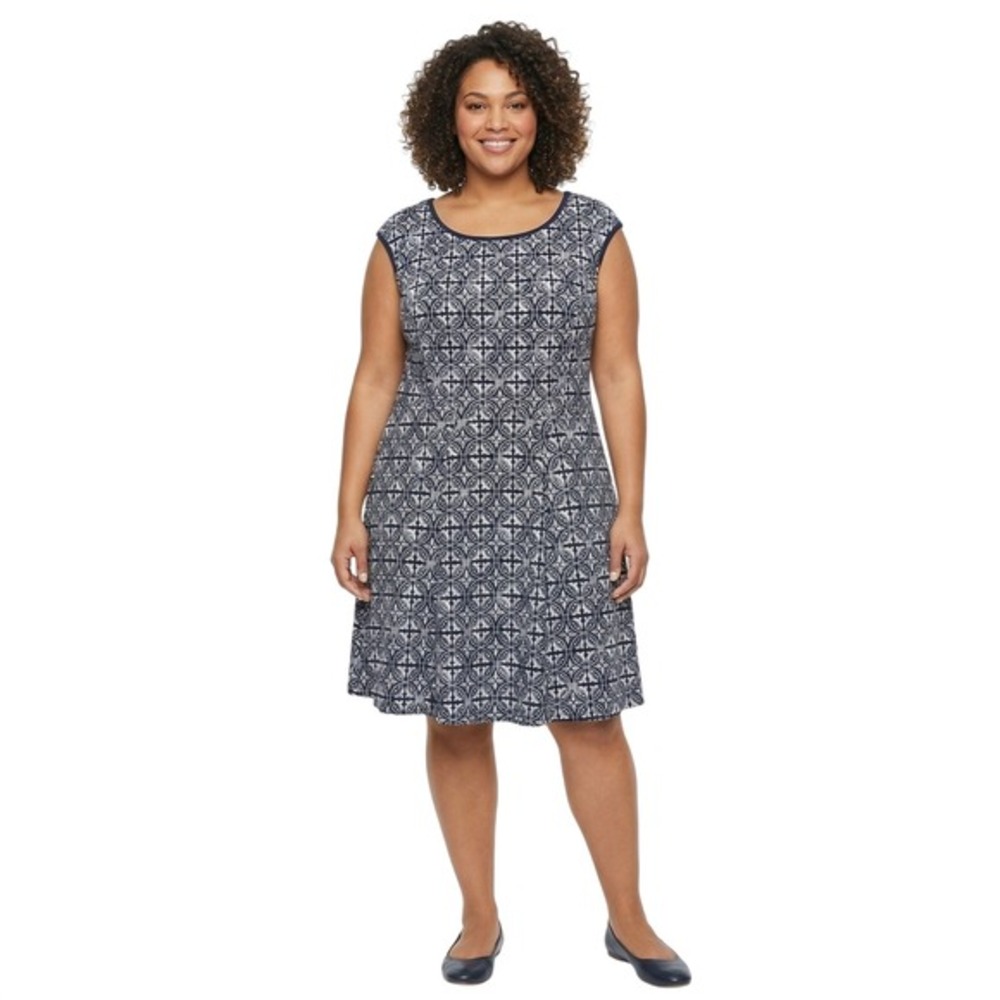 Avenue Women Plus 22/24 Navy Geometric‎ A-Line Sleeveless Midi Dress Stretch